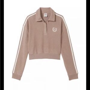 PINK Victoria's Secret reverse fleece crop polo sweatshirt Iced coffee beige S